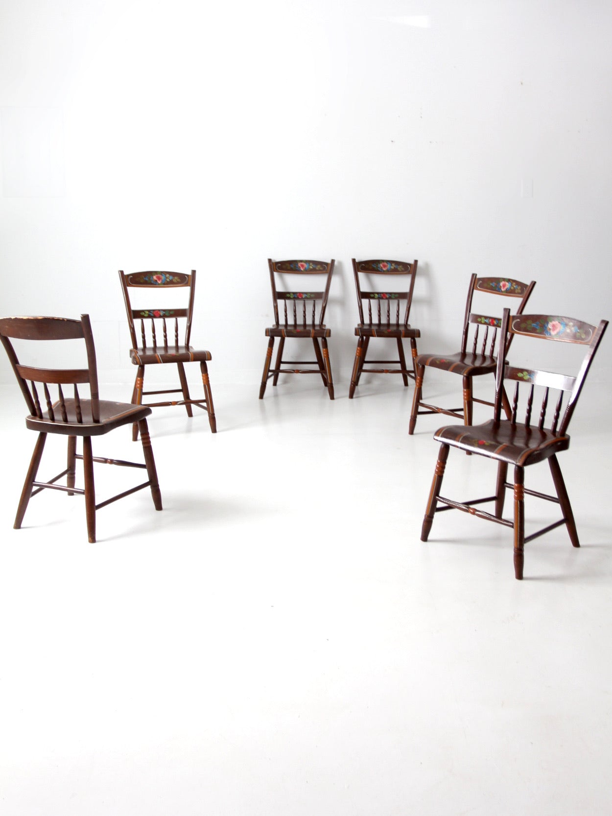 antique set of 6 painted plank seat chairs
