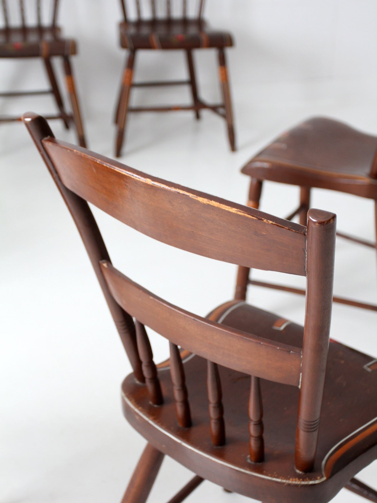 antique set of 6 painted plank seat chairs