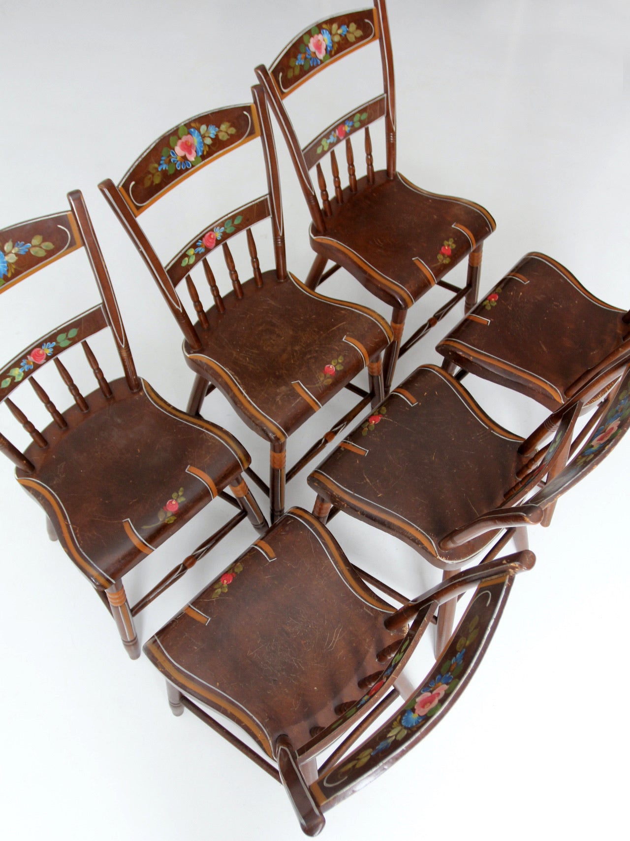 antique set of 6 painted plank seat chairs