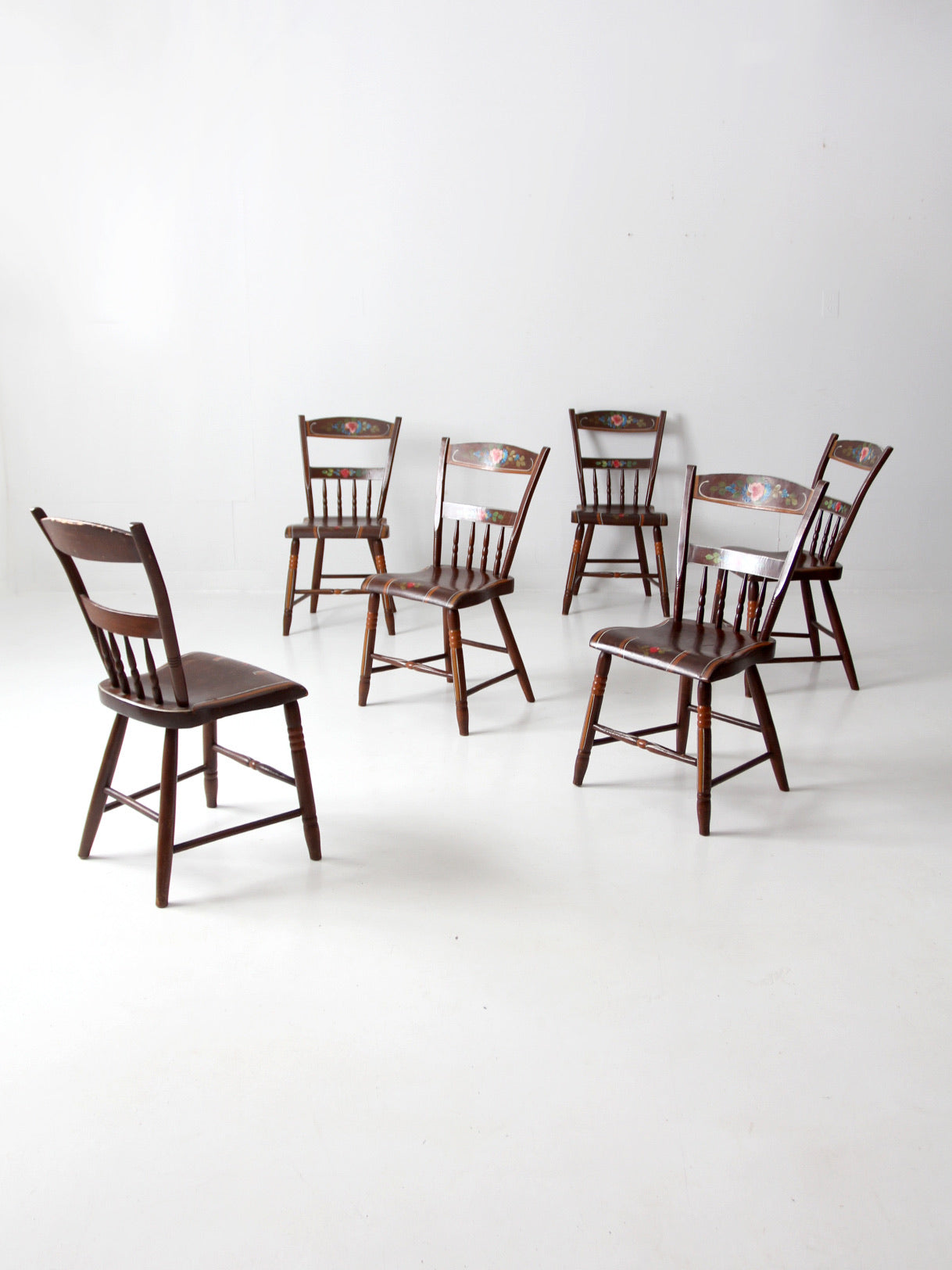 antique set of 6 painted plank seat chairs