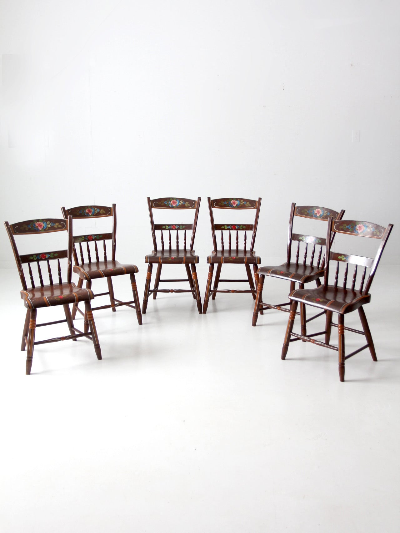 antique set of 6 painted plank seat chairs