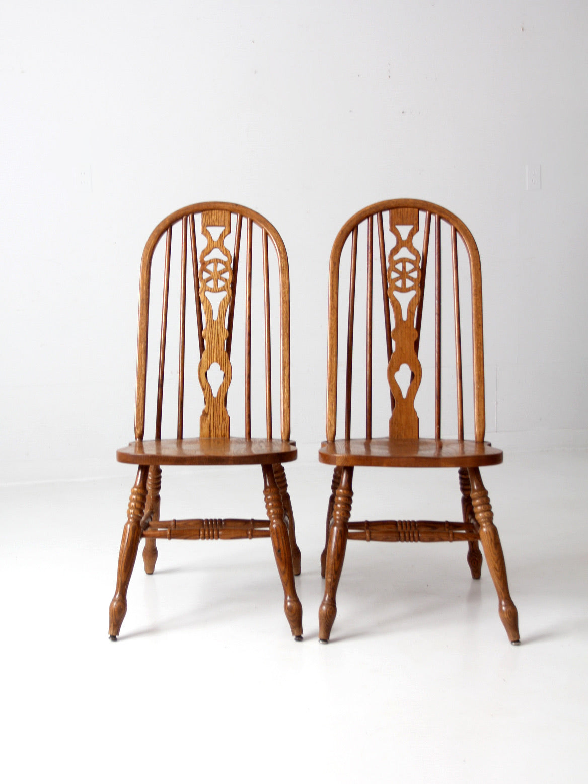 mid century oak Windsor style dining chairs pair