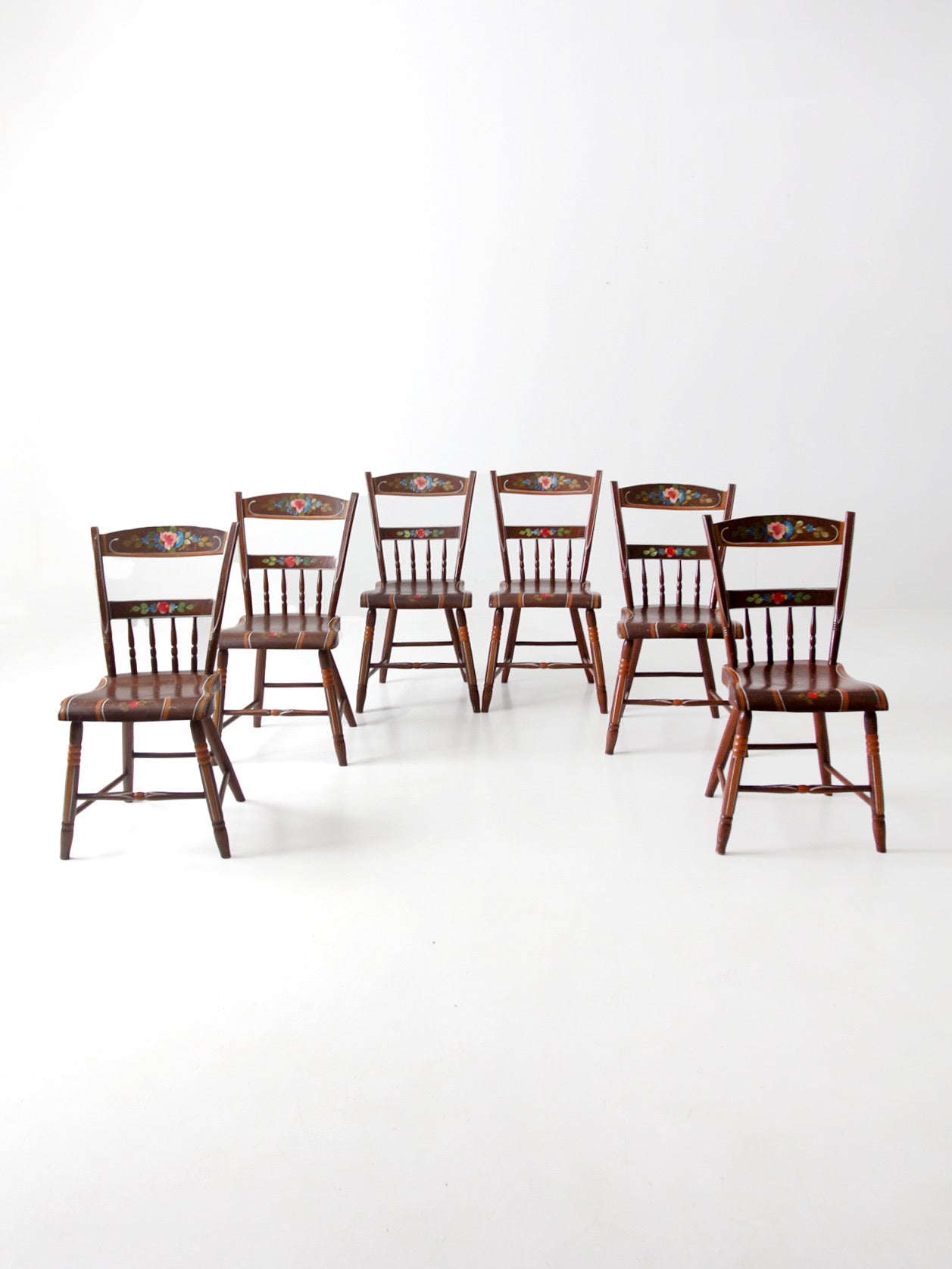 antique set of 6 painted plank seat chairs