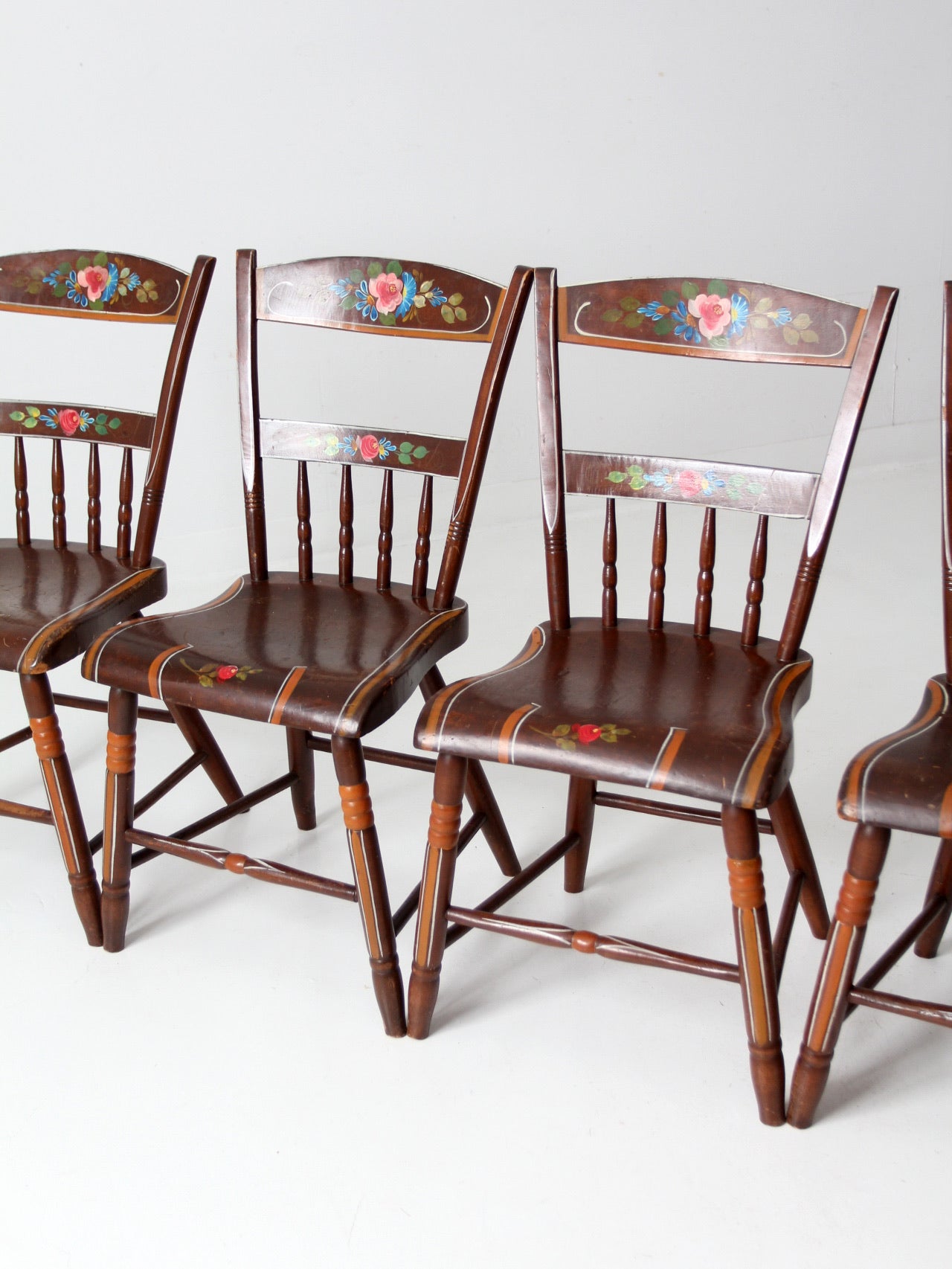 antique set of 6 painted plank seat chairs