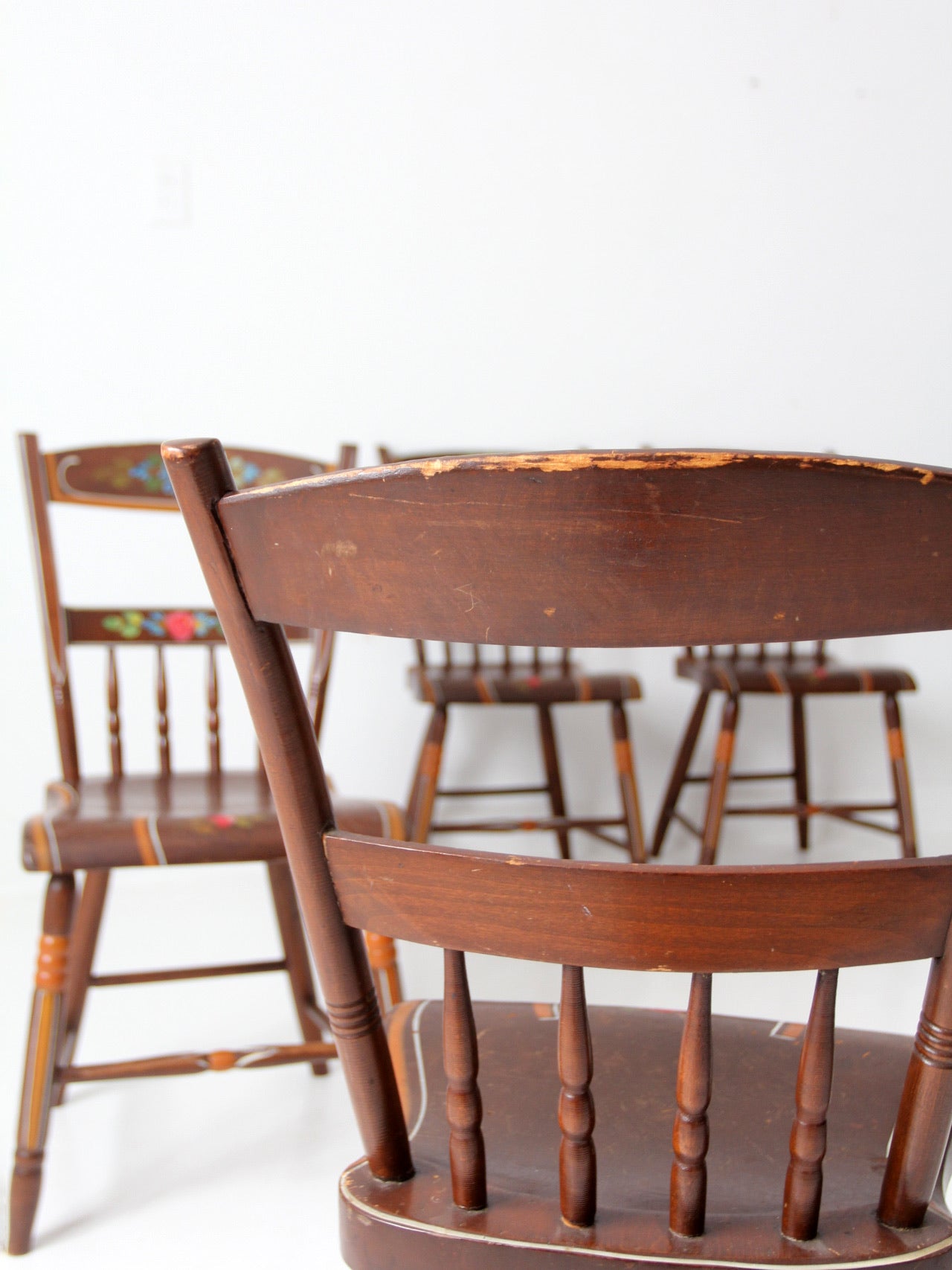 antique set of 6 painted plank seat chairs