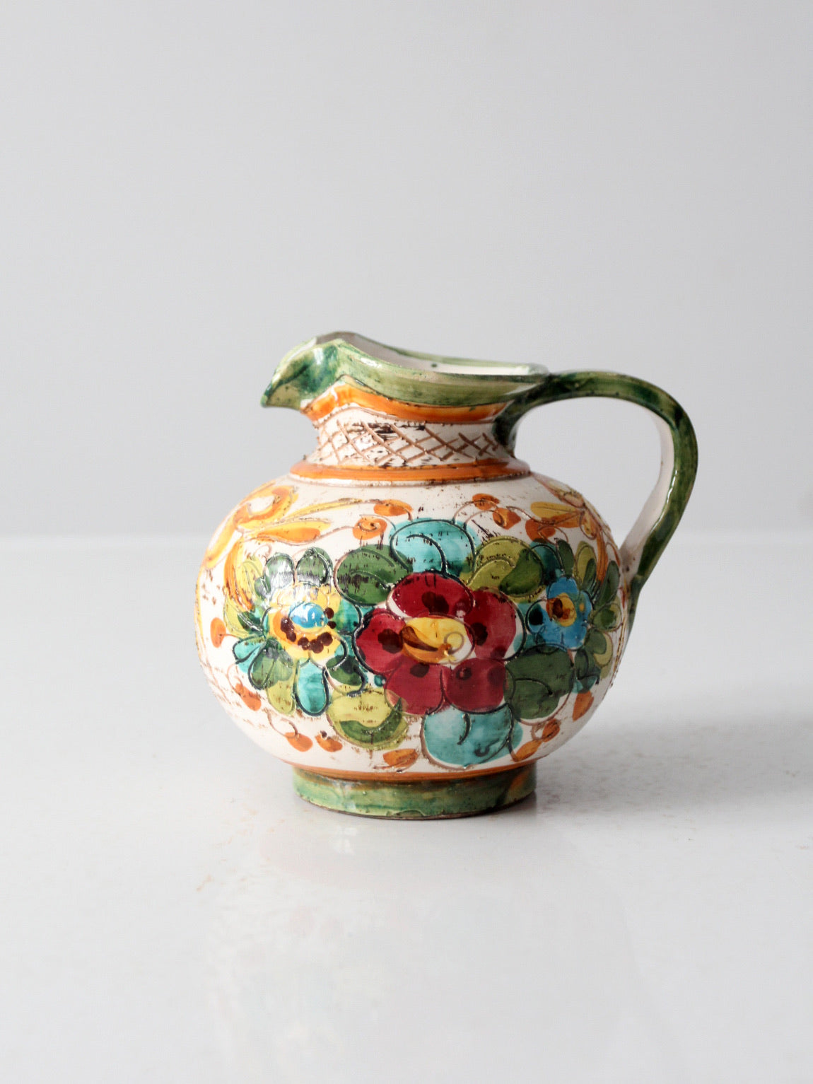 vintage sgraffito majolica pottery pitcher