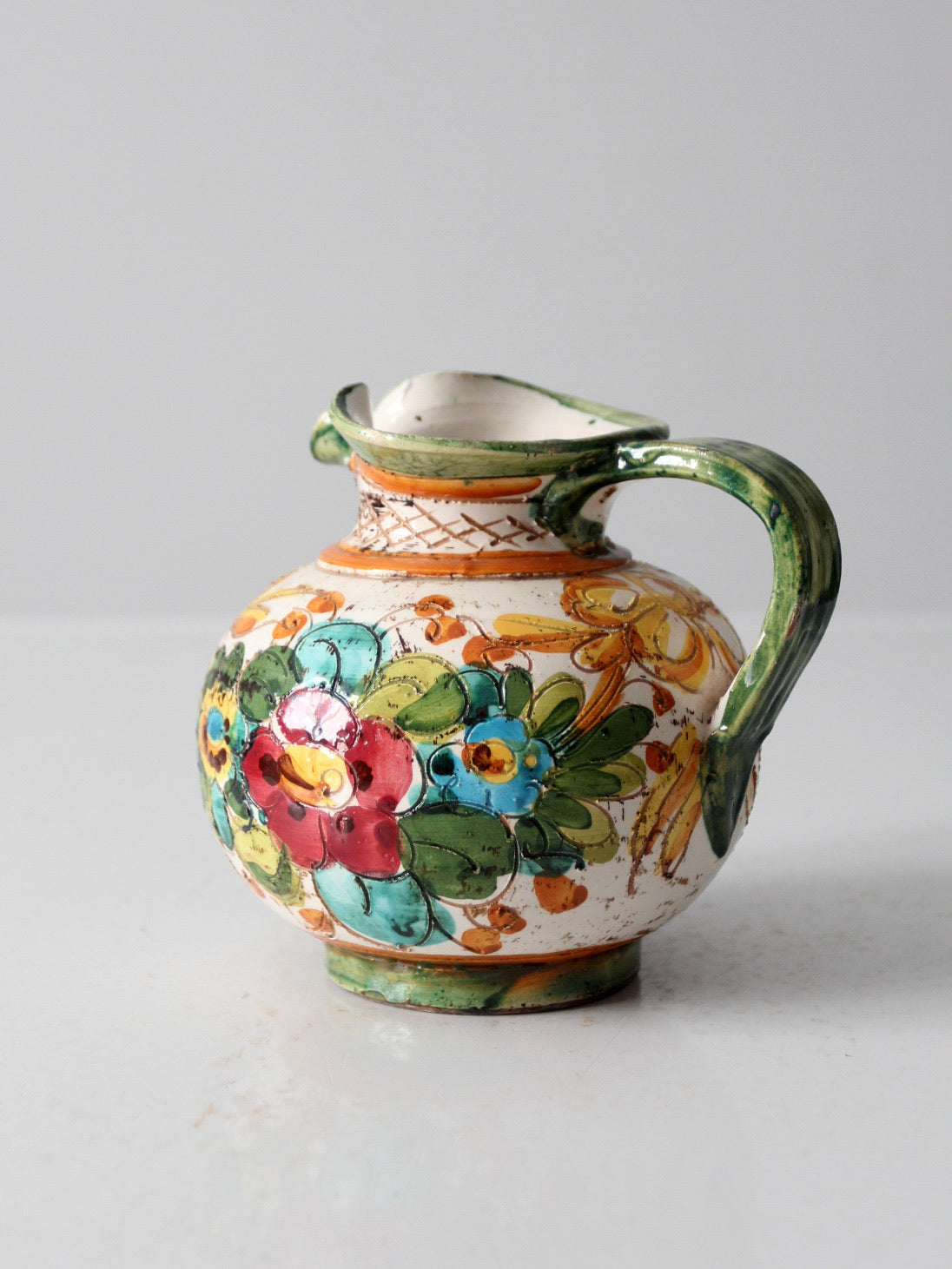 vintage sgraffito majolica pottery pitcher