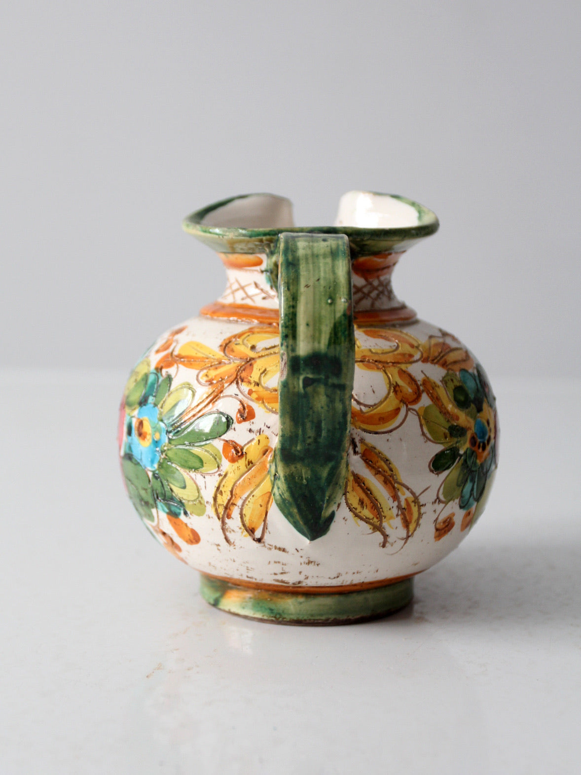 vintage sgraffito majolica pottery pitcher
