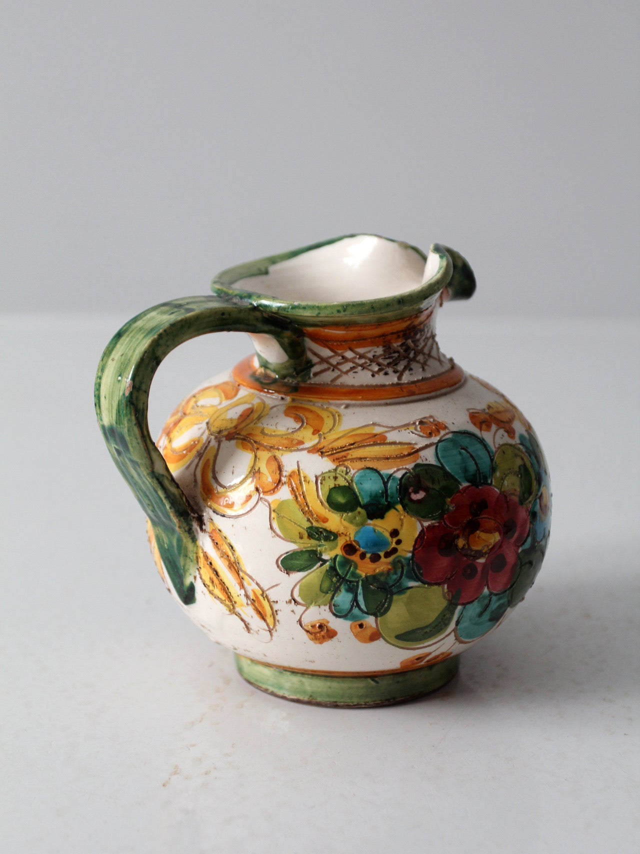 vintage sgraffito majolica pottery pitcher