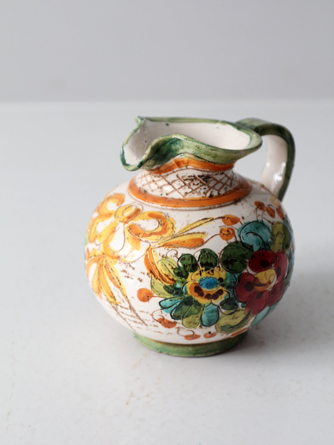 vintage sgraffito majolica pottery pitcher