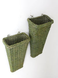 vintage green wicker wall baskets pair