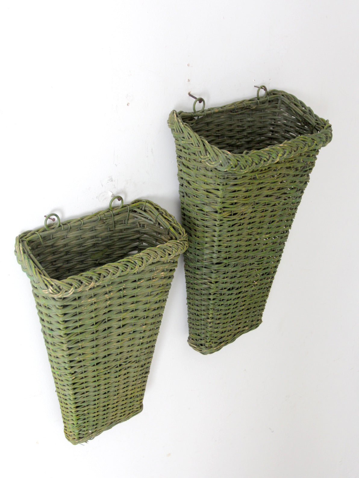 vintage green wicker wall baskets pair