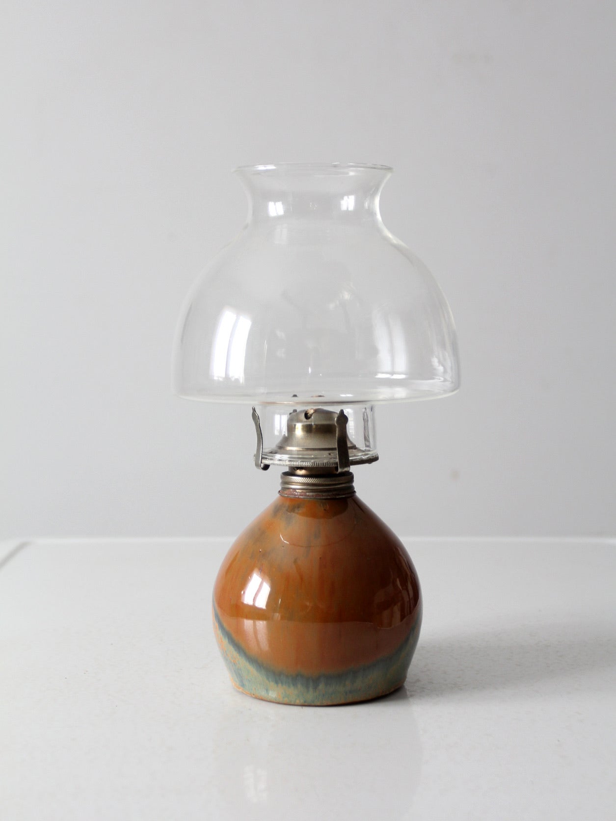 vintage studio pottery oil lamp with hurricane