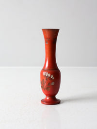 vintage red floral hand carved wood vase