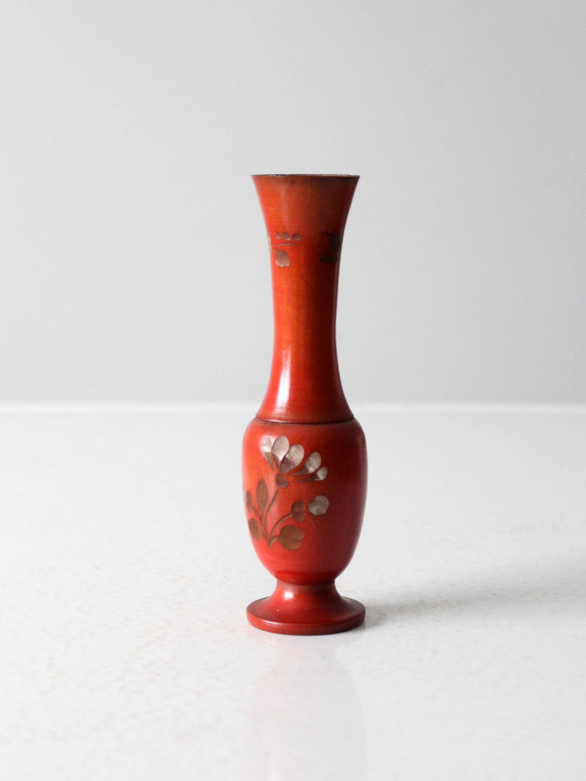 vintage red floral hand carved wood vase