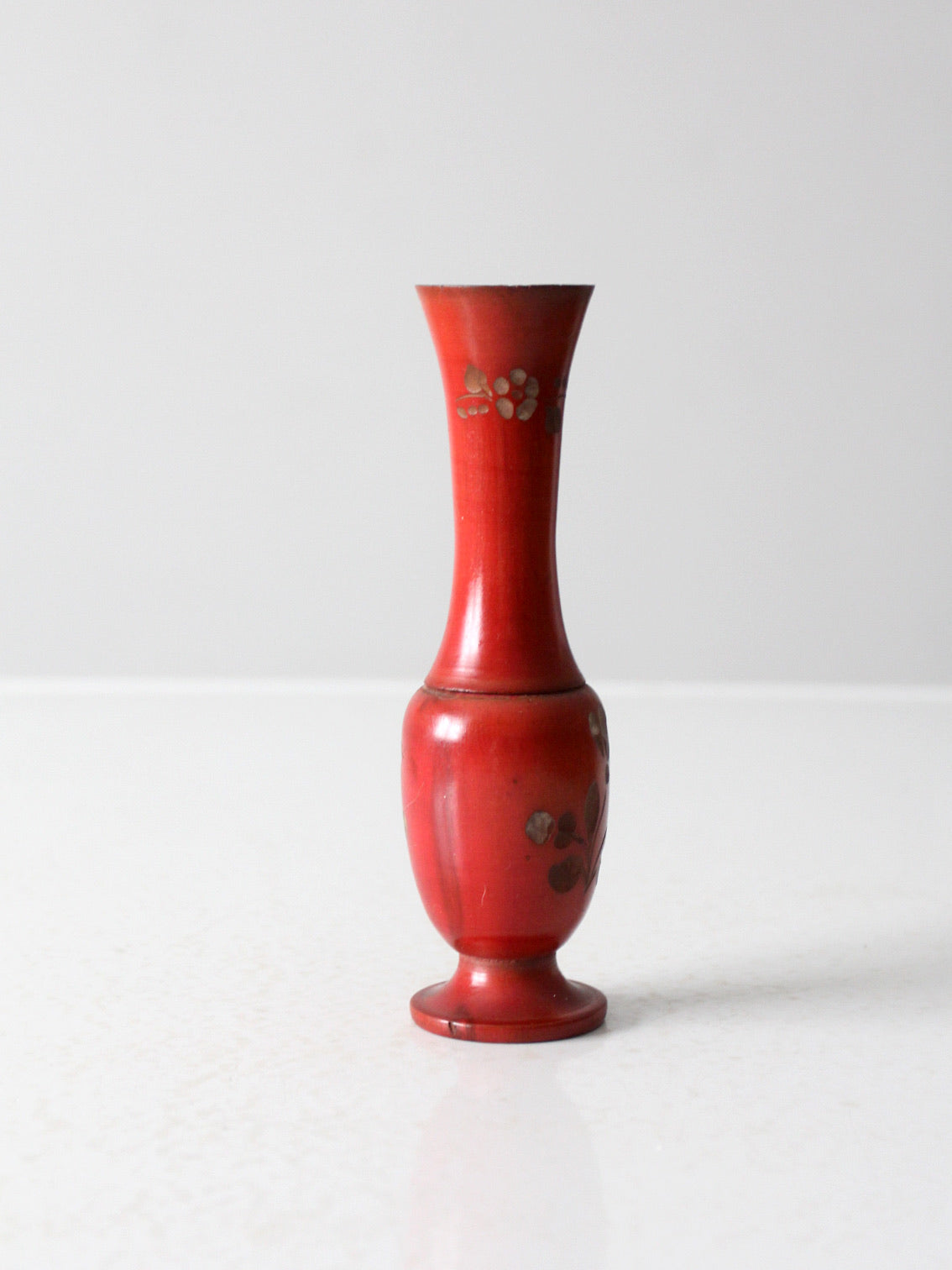vintage red floral hand carved wood vase