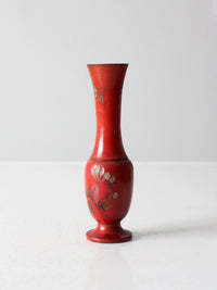 vintage red floral hand carved wood vase