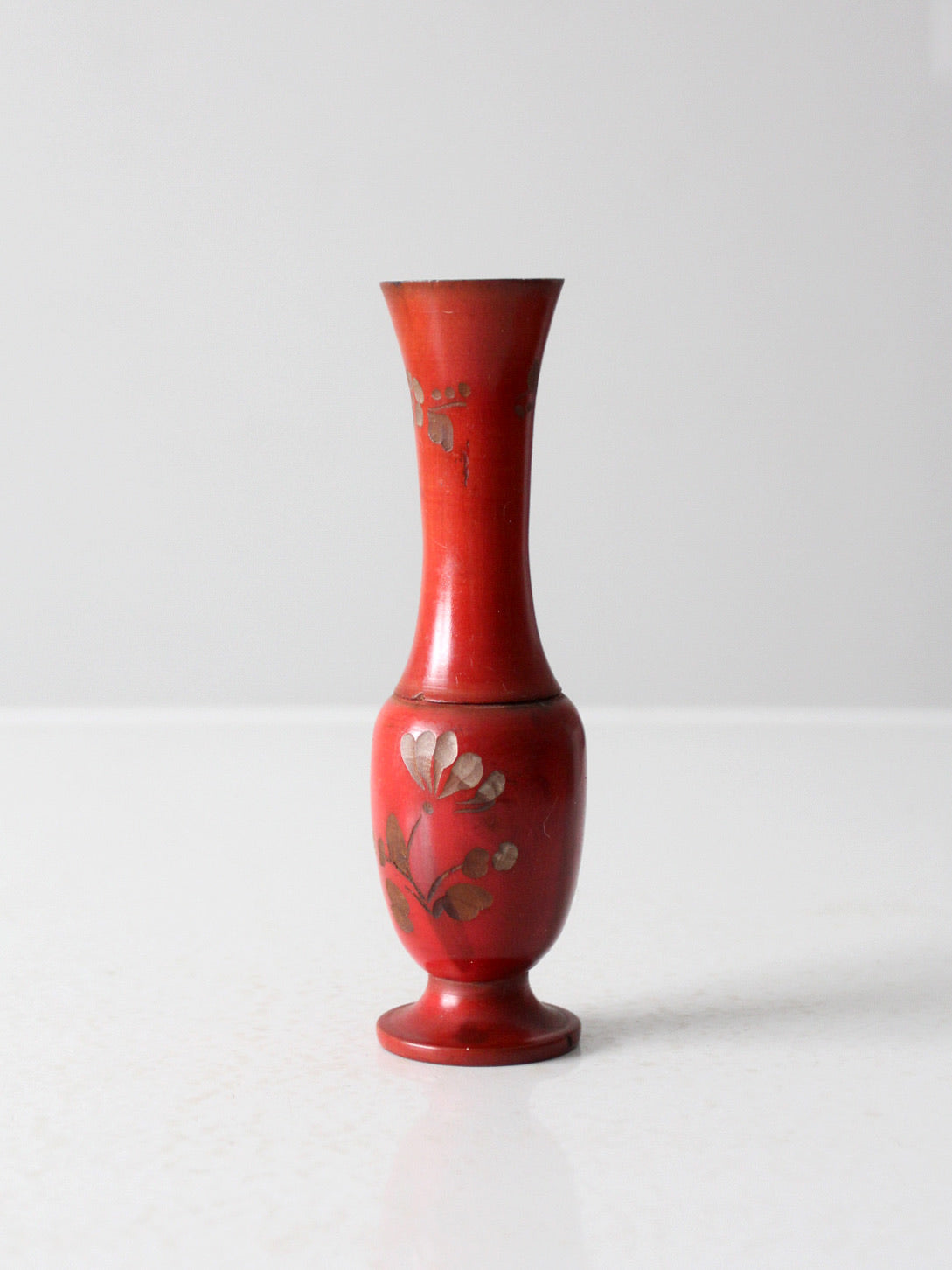 vintage red floral hand carved wood vase