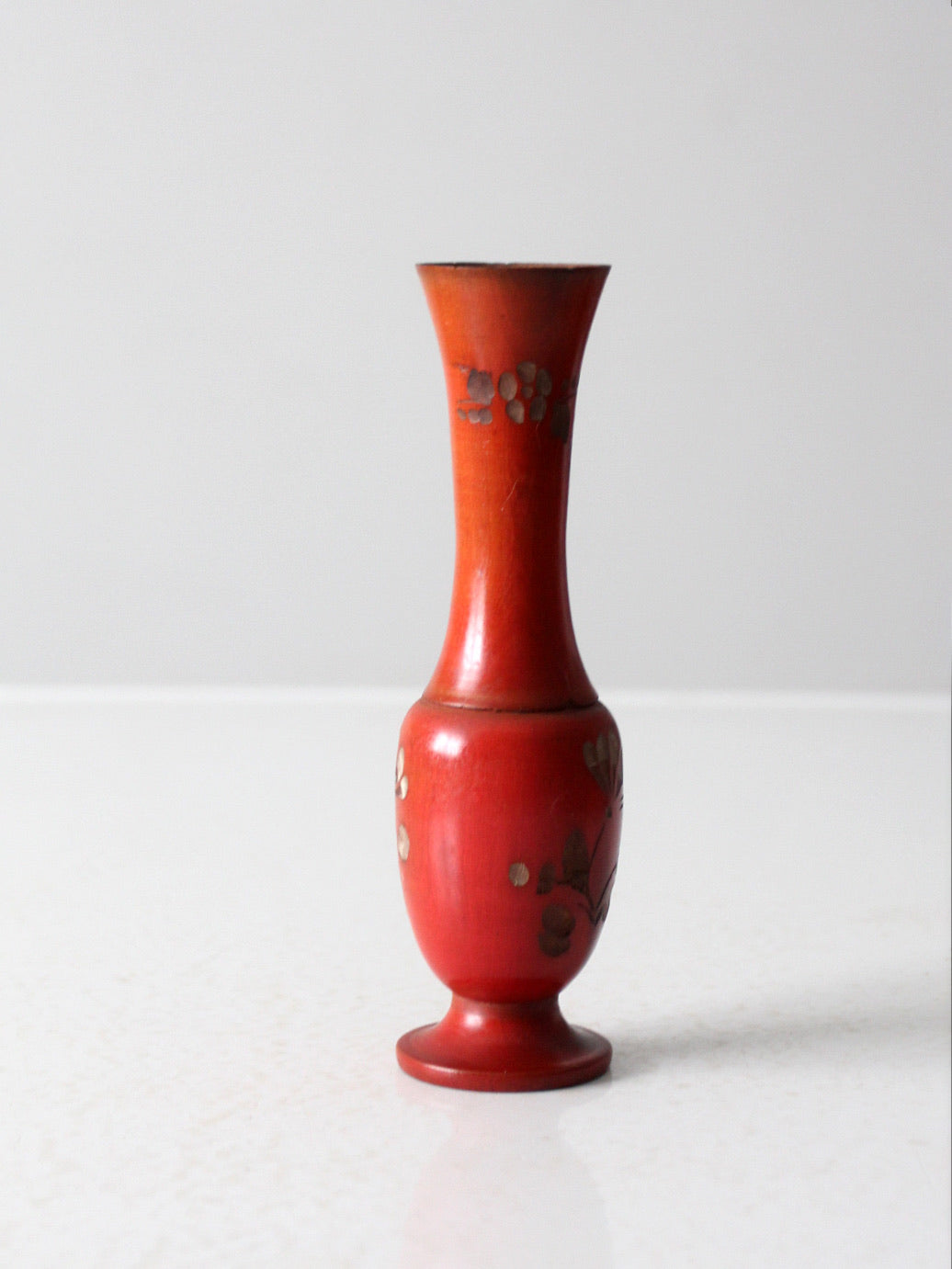 vintage red floral hand carved wood vase