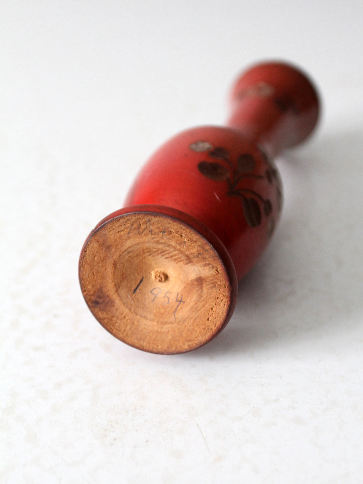 vintage red floral hand carved wood vase