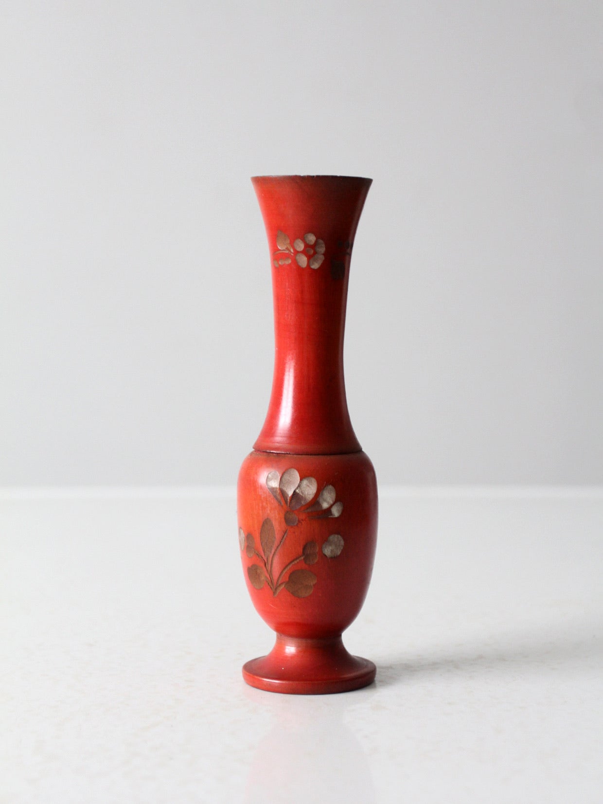 vintage red floral hand carved wood vase
