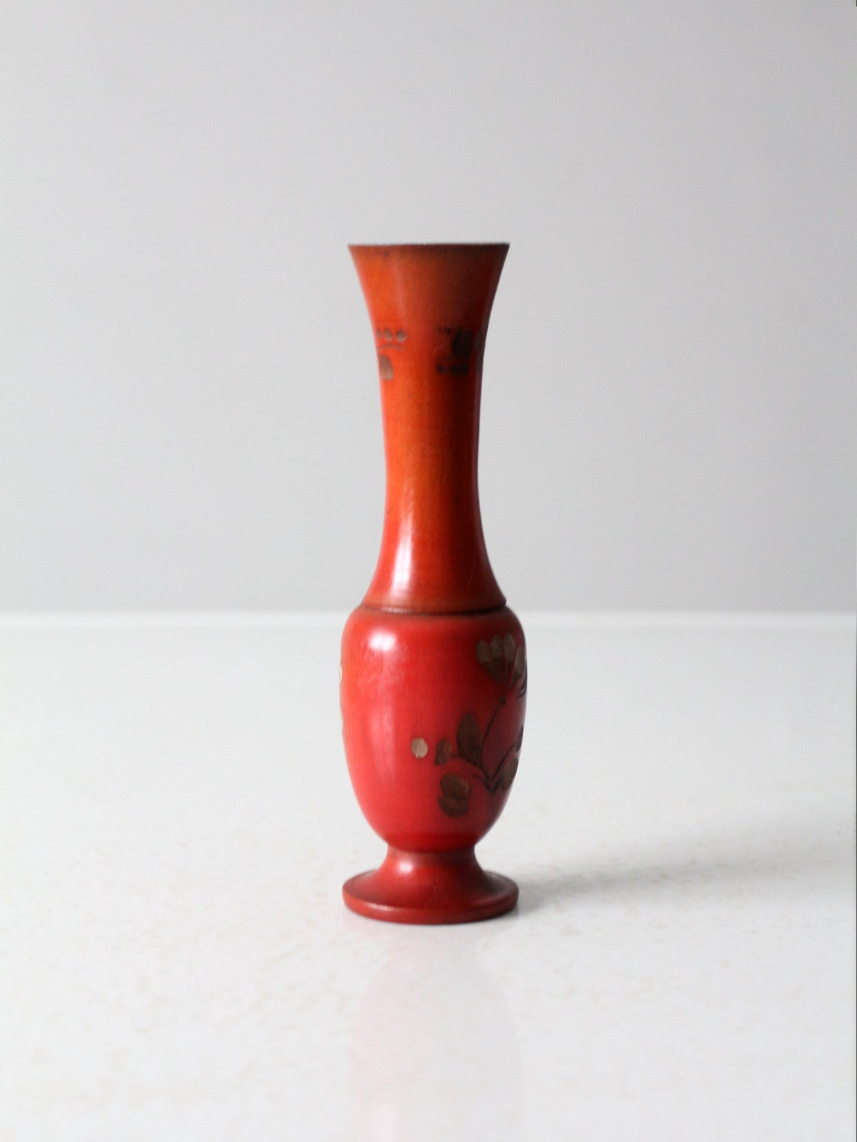 vintage red floral hand carved wood vase