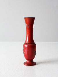 vintage red floral hand carved wood vase