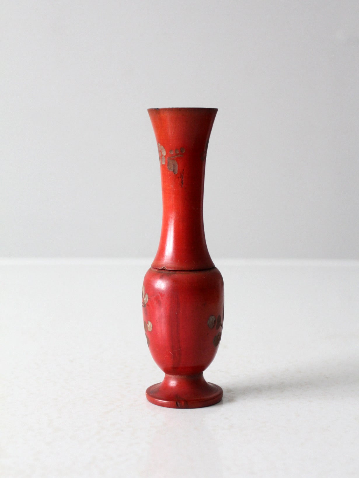 vintage red floral hand carved wood vase