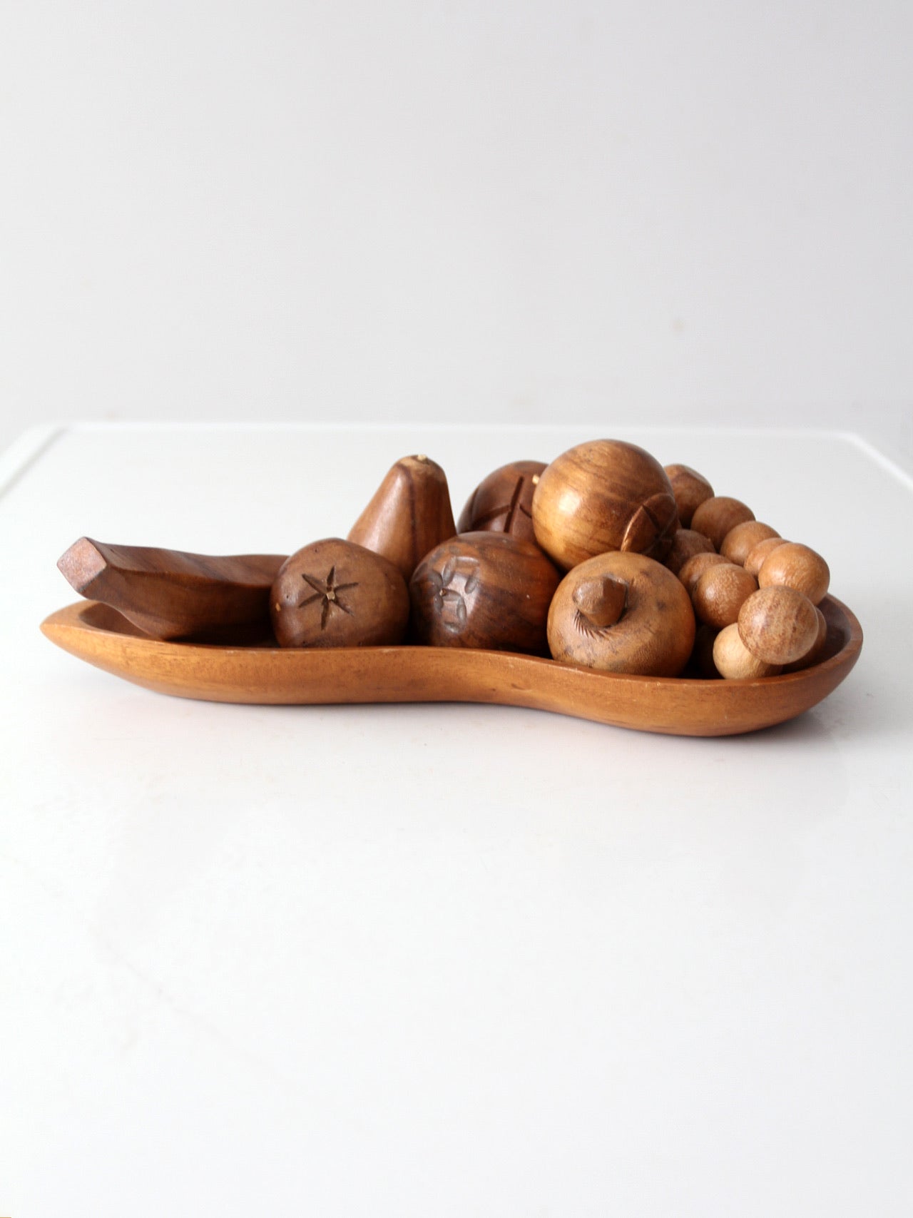 mid-century monkey pod wood fruit and bowl