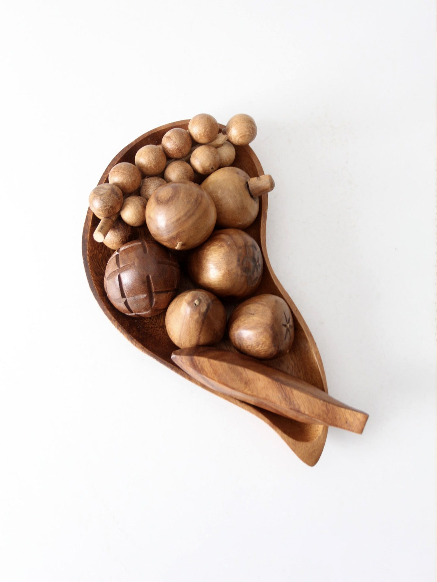 mid-century monkey pod wood fruit and bowl