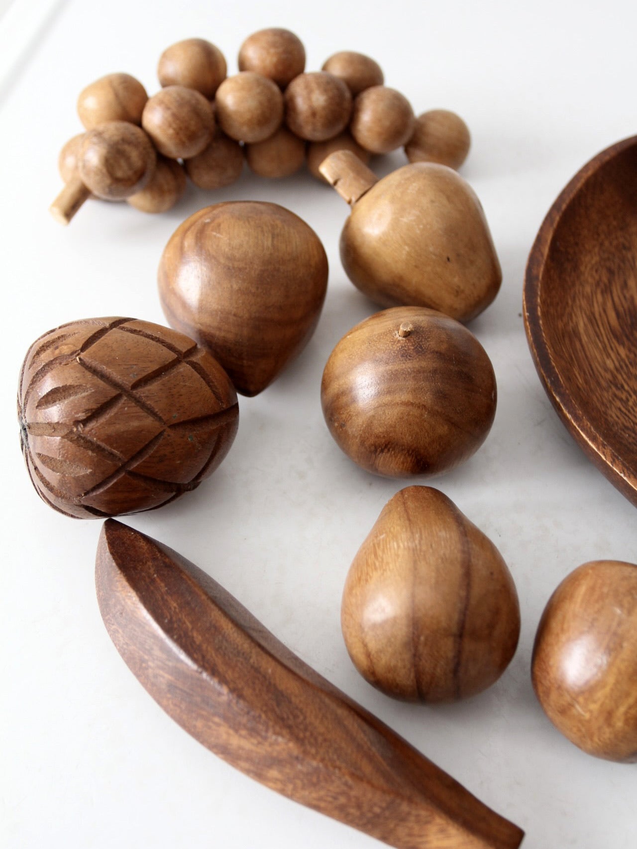 mid-century monkey pod wood fruit and bowl