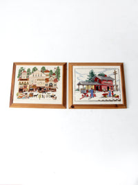 vintage framed crewel needlework art wall hangings pair