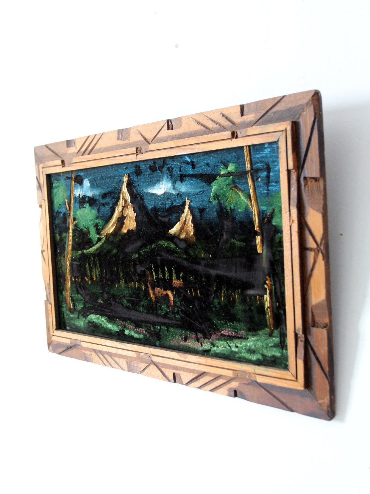 vintage velvet painting with wood frame