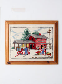 vintage framed crewel needlework art wall hangings pair