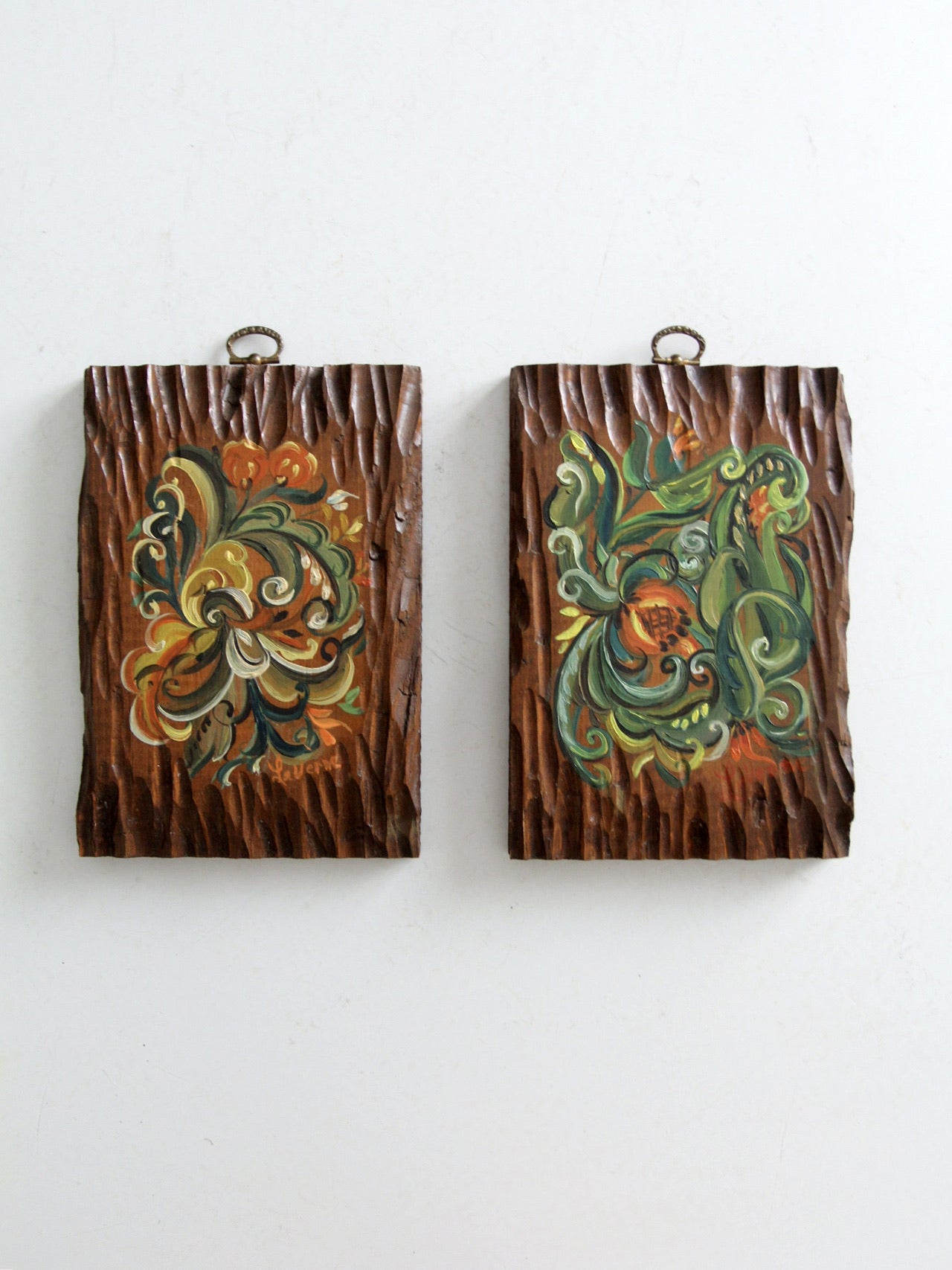 mid century painted wood wall art pair