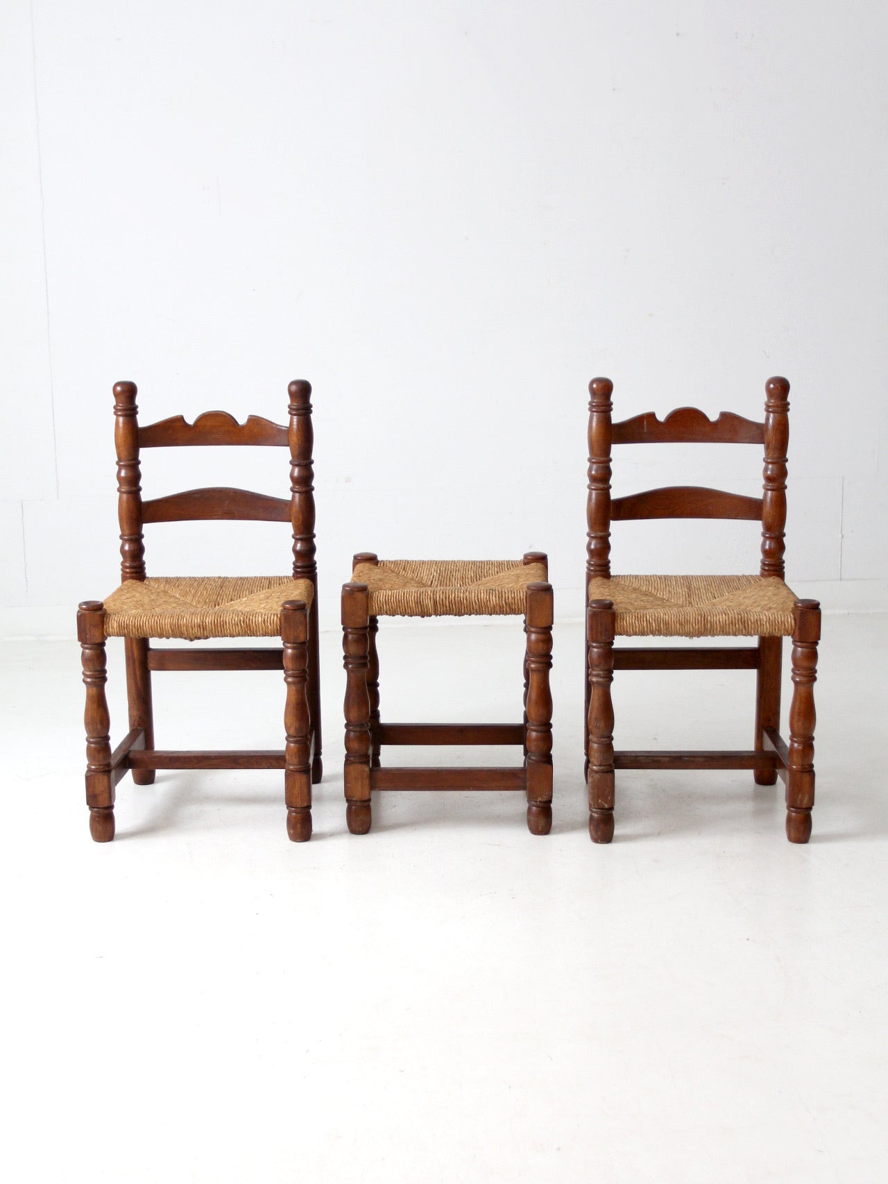 antique rush seat chairs and stool set