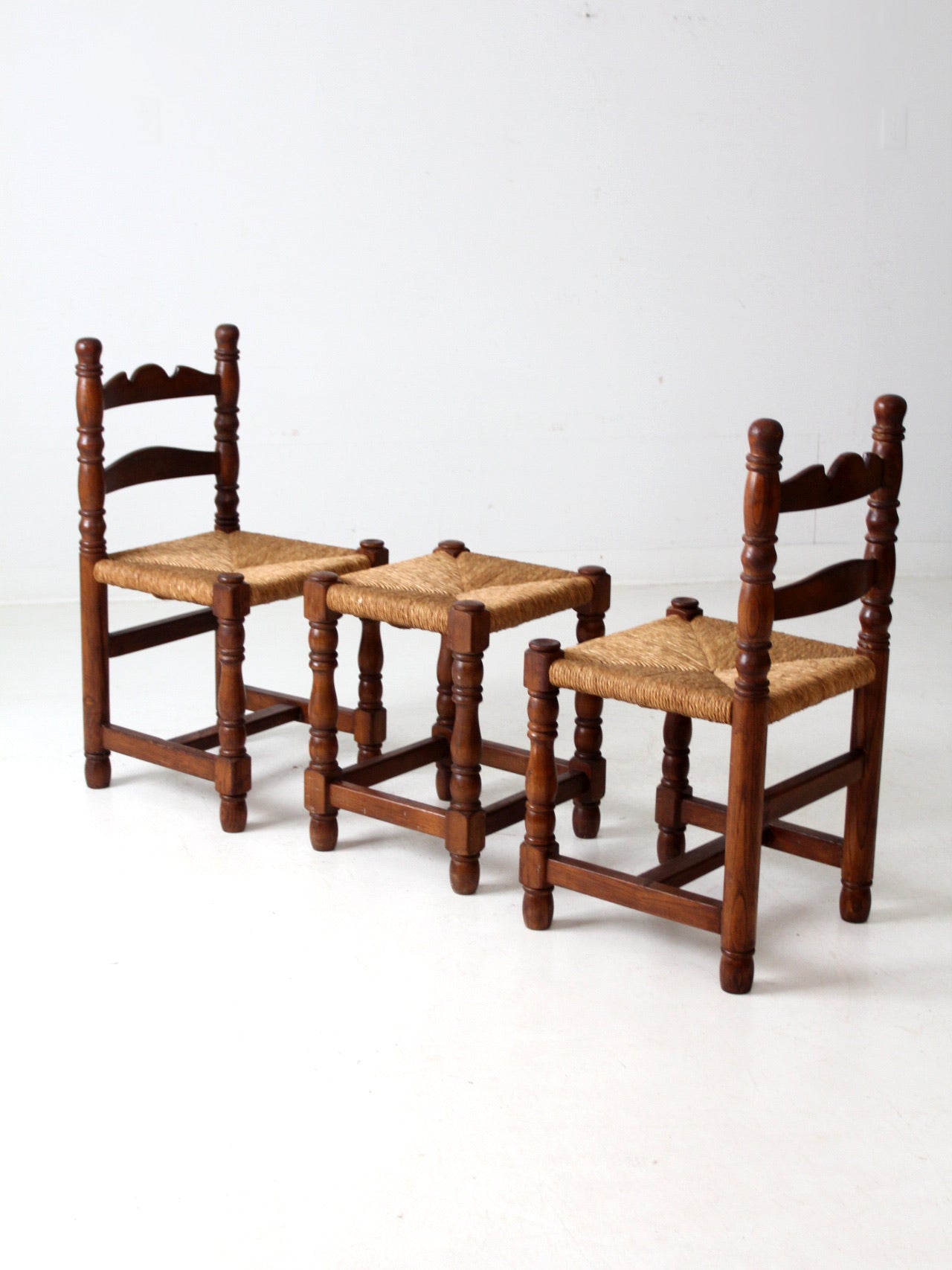 antique rush seat chairs and stool set