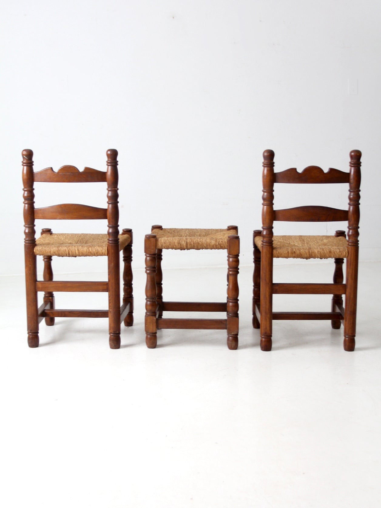 antique rush seat chairs and stool set