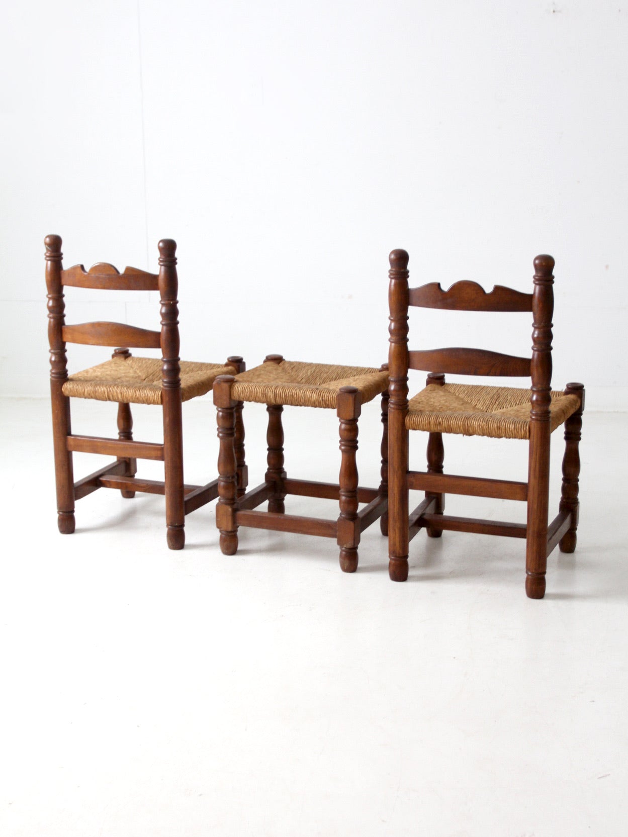antique rush seat chairs and stool set