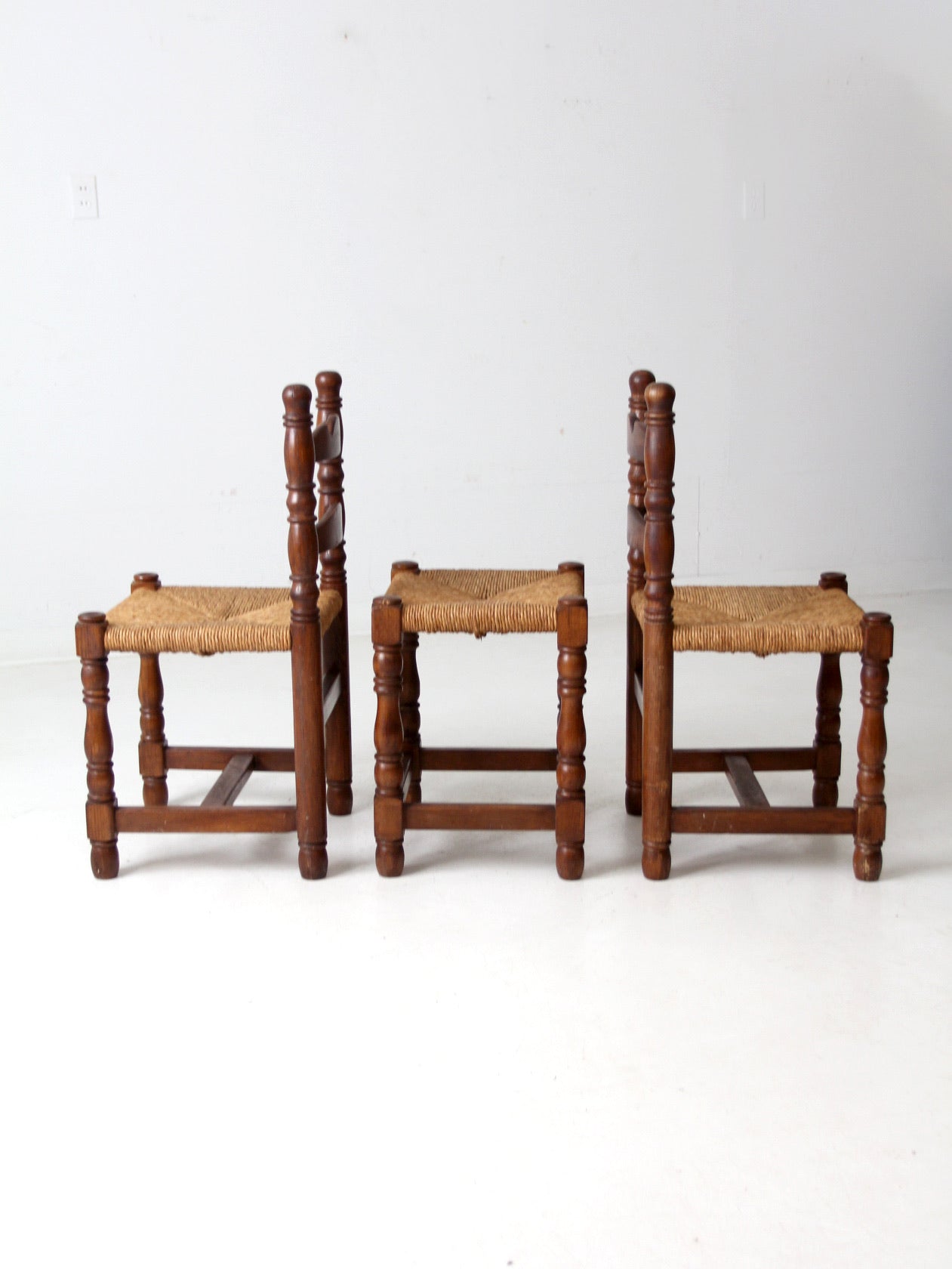 antique rush seat chairs and stool set