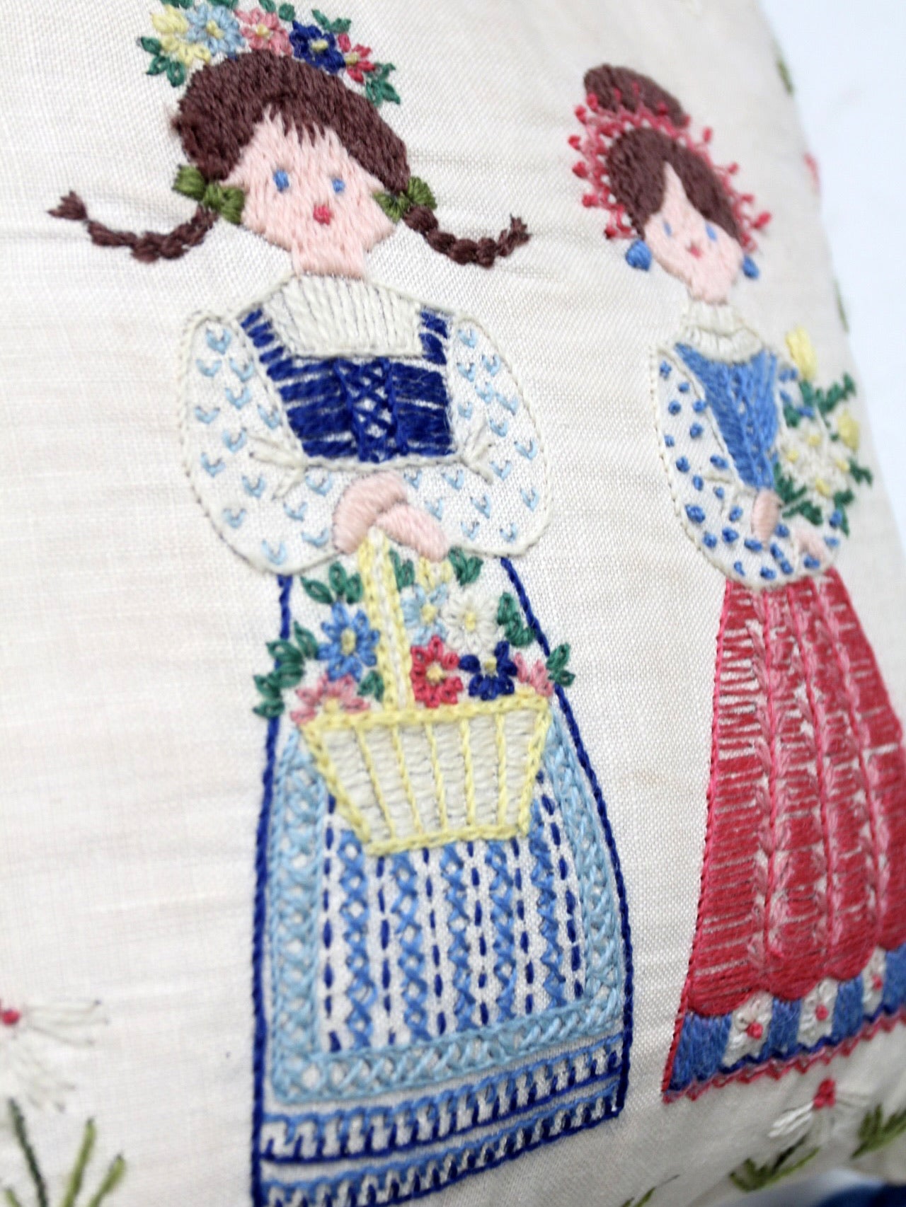 vintage embroidered girls throw pillow