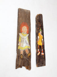 vintage rustic hand-painted wood plaques pair