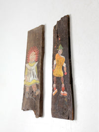 vintage rustic hand-painted wood plaques pair