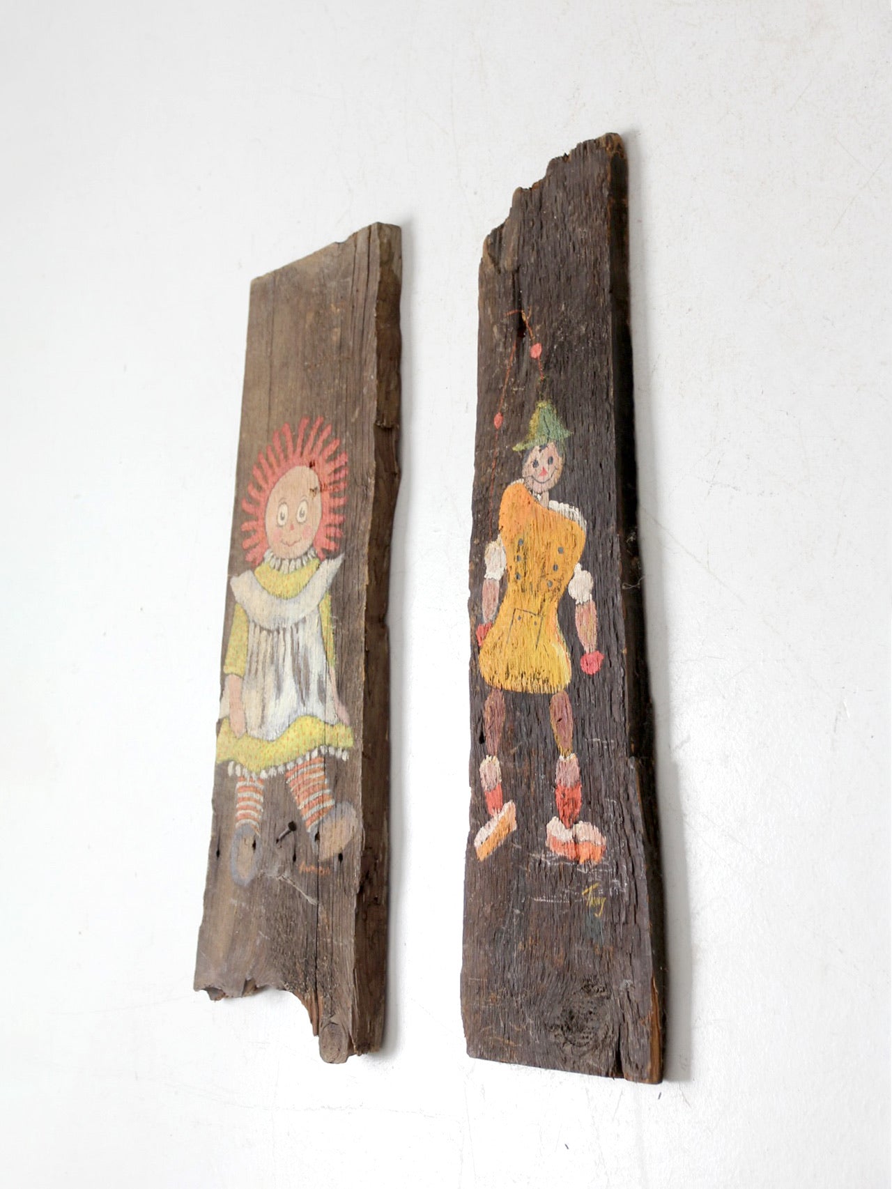 vintage rustic hand-painted wood plaques pair