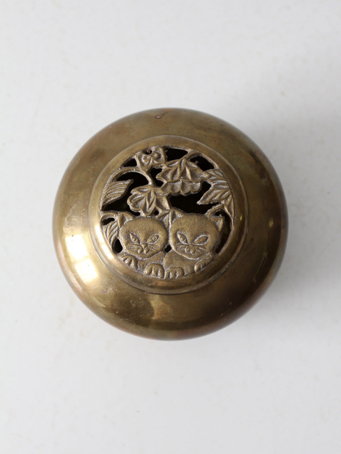 vintage brass bowl with kitten lid