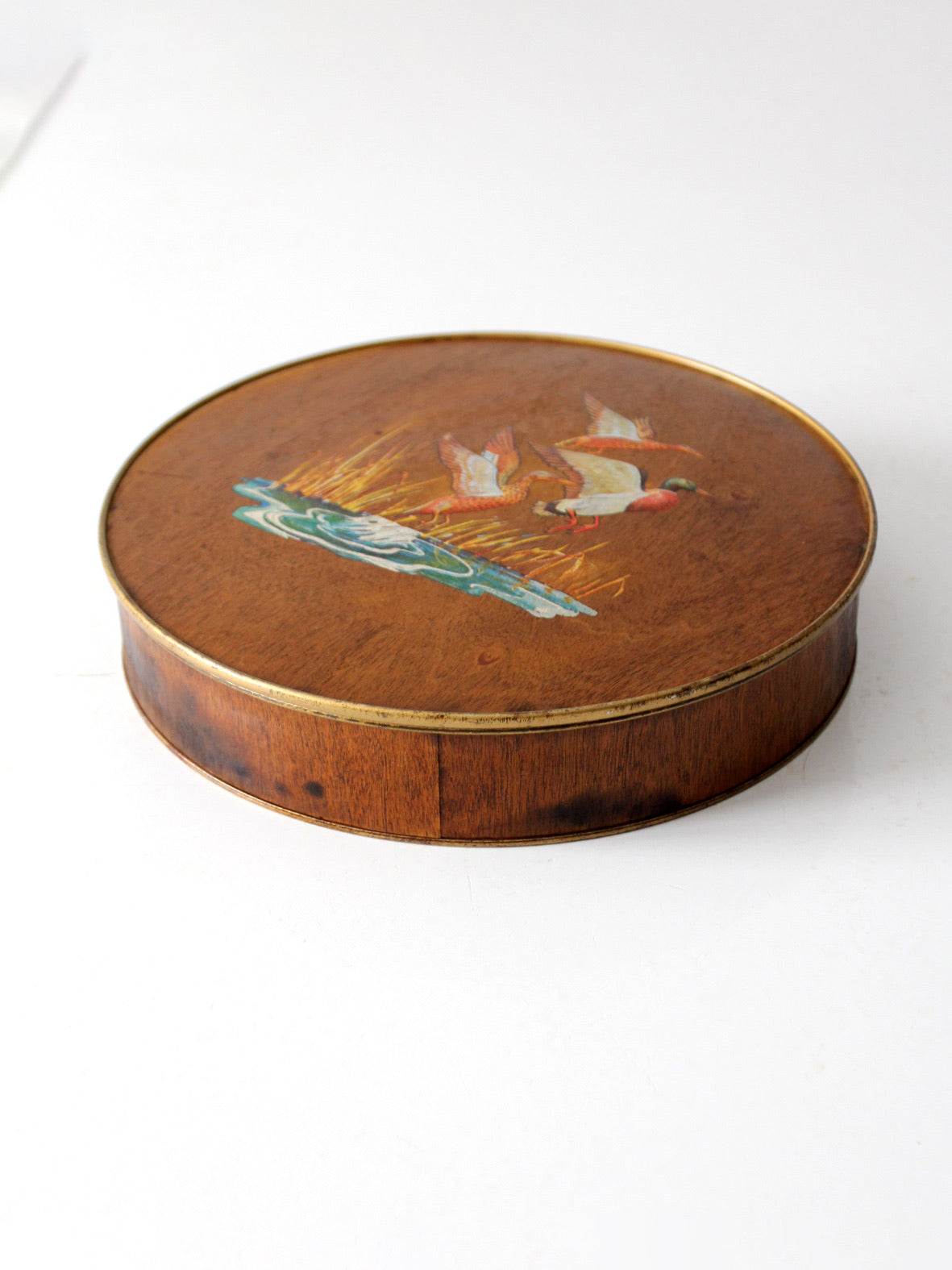 vintage 70s hand painted ducks wood veneer tin