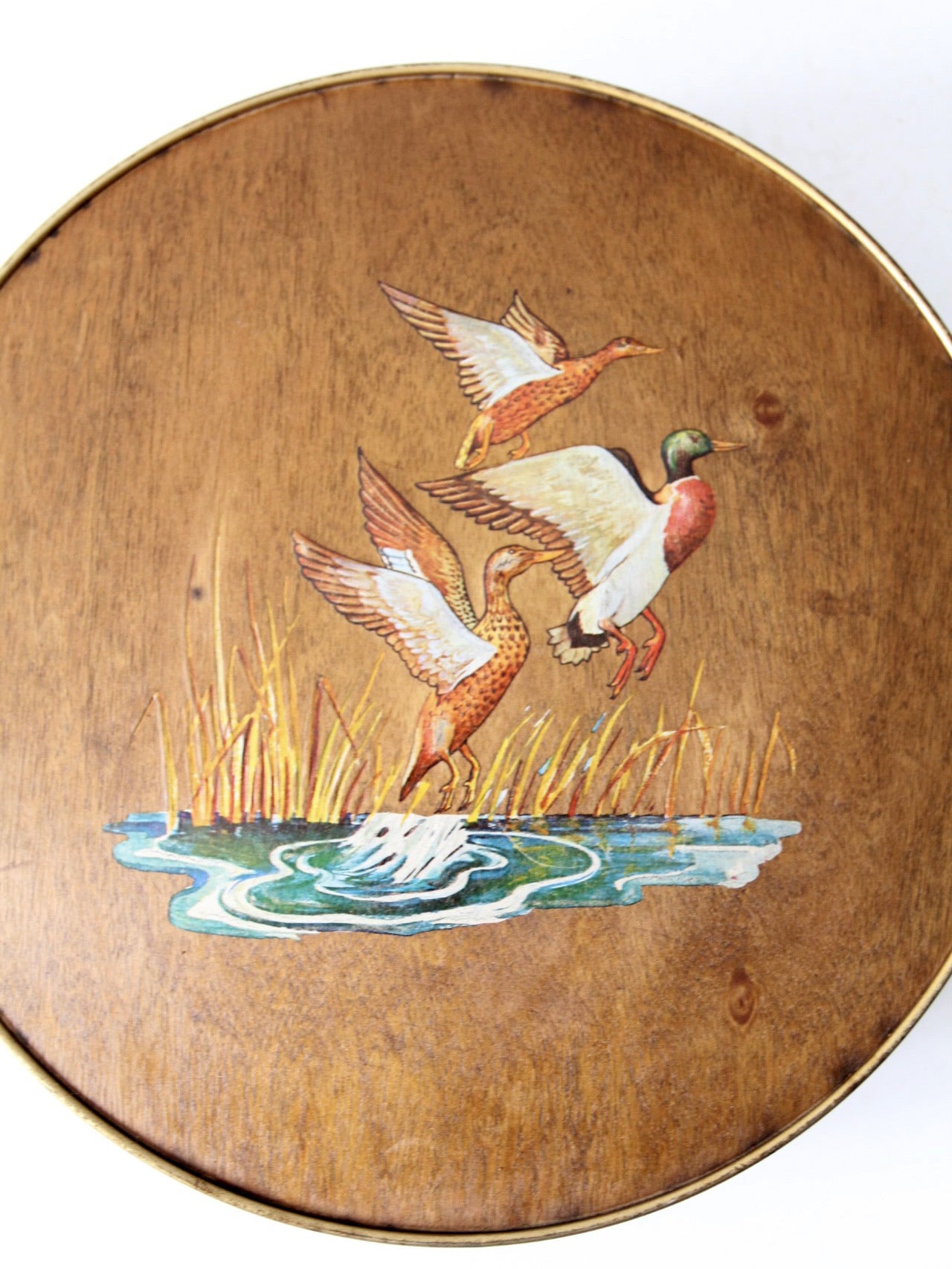 vintage 70s hand painted ducks wood veneer tin