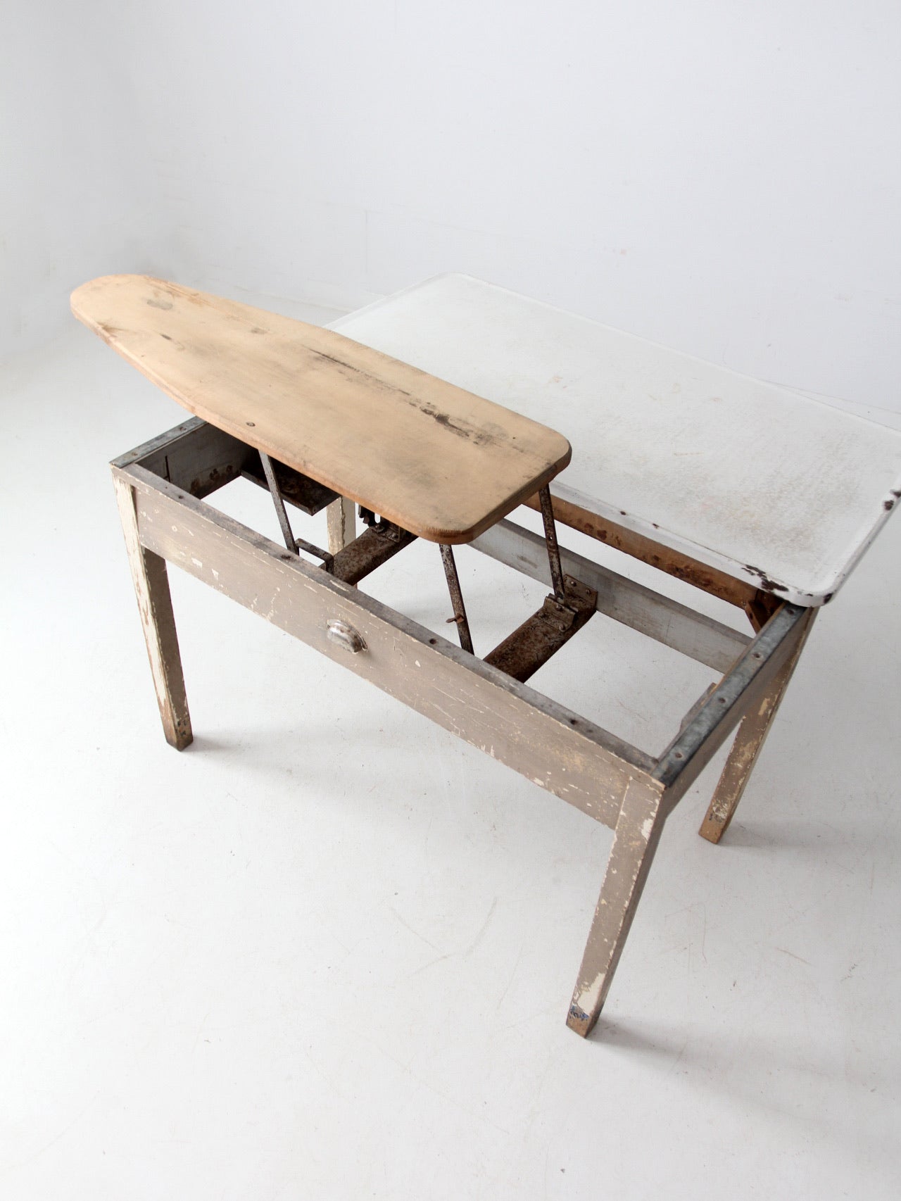 antique enamel top table with ironing board