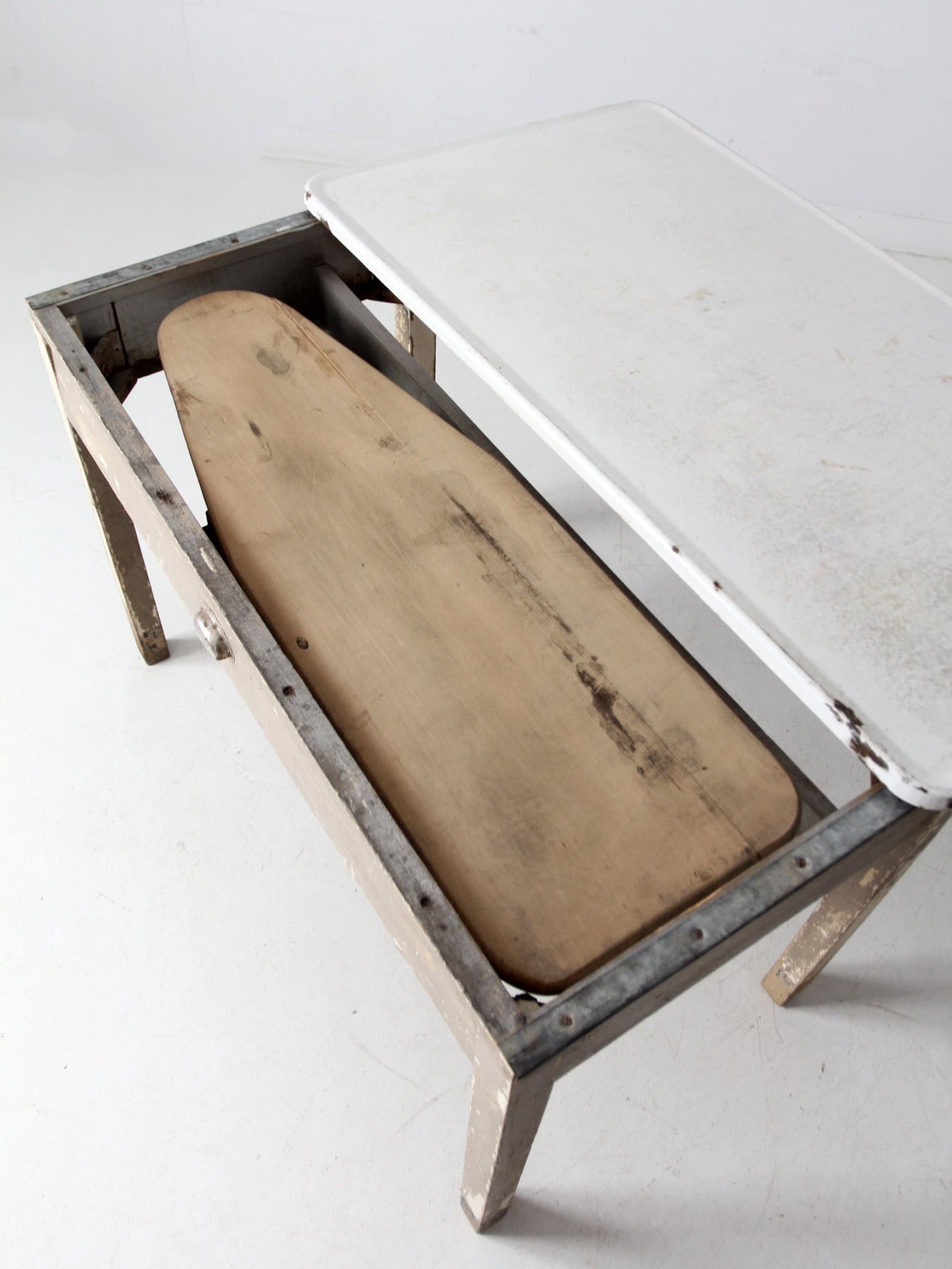antique enamel top table with ironing board