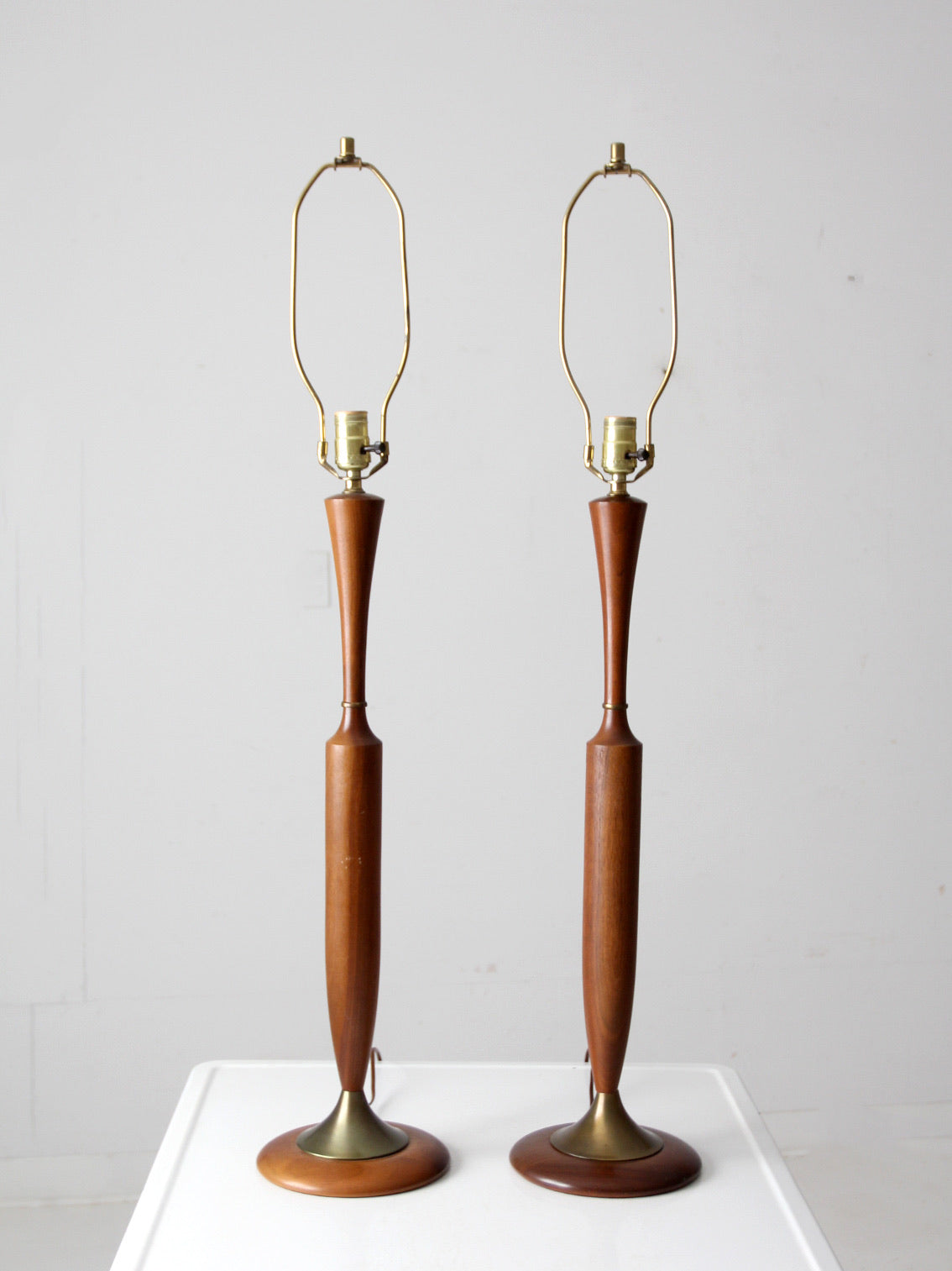 mid century teak table lamps pair